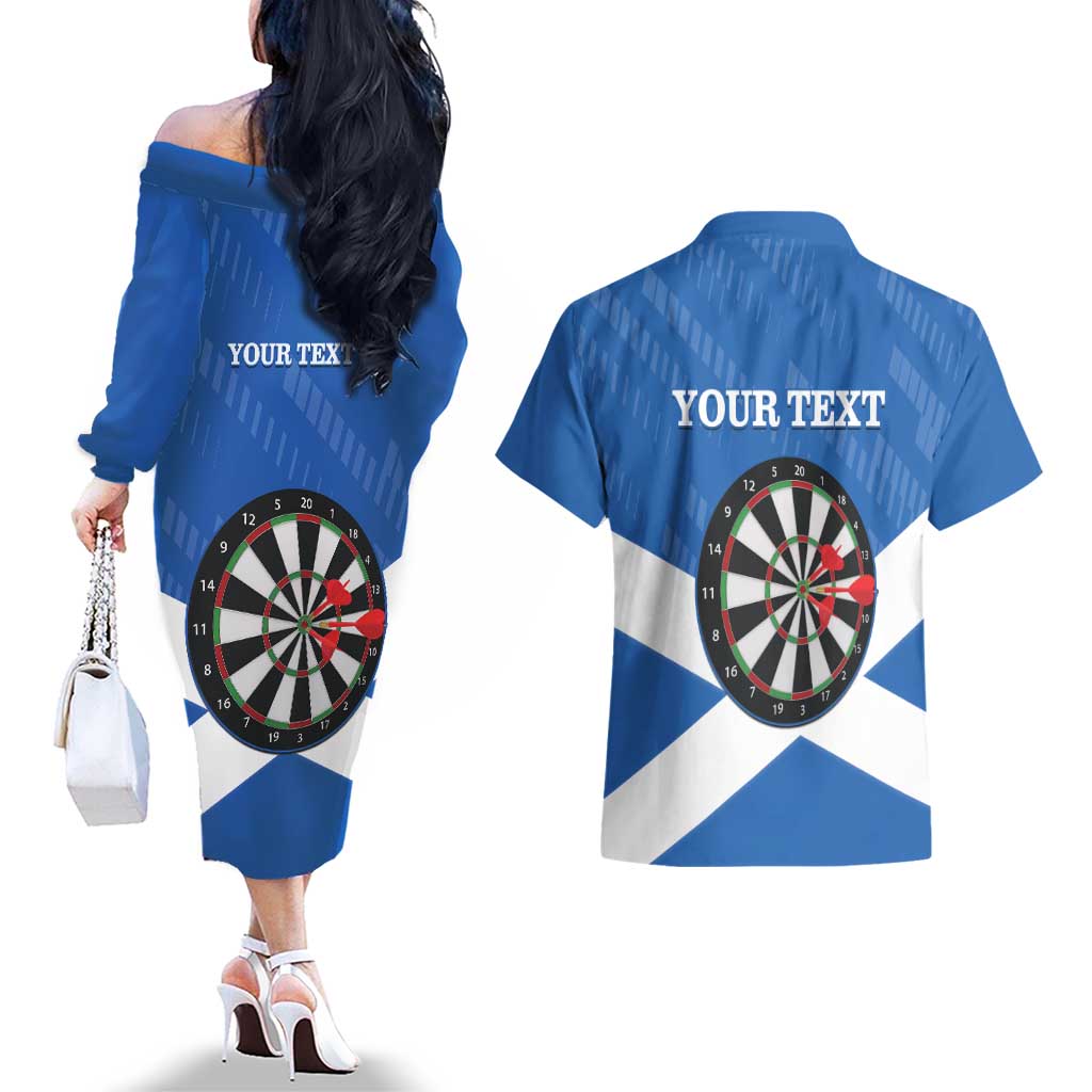 Personalised Scotland Darts Couples Matching Off The Shoulder Long Sleeve Dress and Hawaiian Shirt Scottish Thistle - Flag Style - Wonder Print Shop
