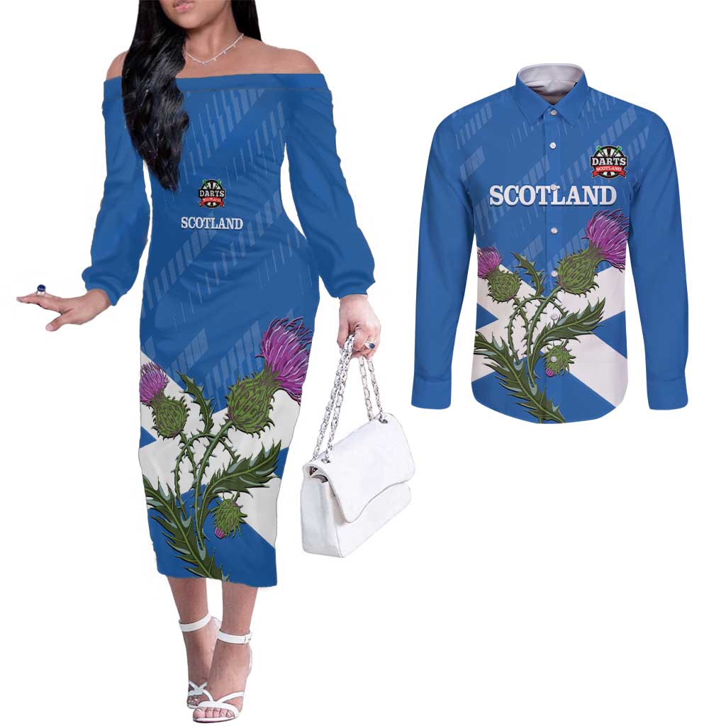 Personalised Scotland Darts Couples Matching Off The Shoulder Long Sleeve Dress and Long Sleeve Button Shirt Scottish Thistle - Flag Style