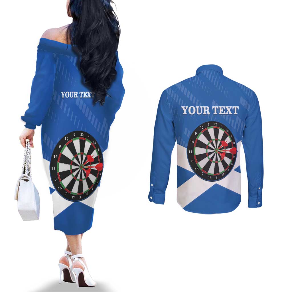 Personalised Scotland Darts Couples Matching Off The Shoulder Long Sleeve Dress and Long Sleeve Button Shirt Scottish Thistle - Flag Style