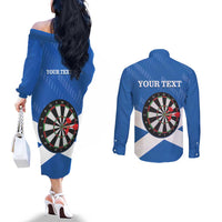 Personalised Scotland Darts Couples Matching Off The Shoulder Long Sleeve Dress and Long Sleeve Button Shirt Scottish Thistle - Flag Style