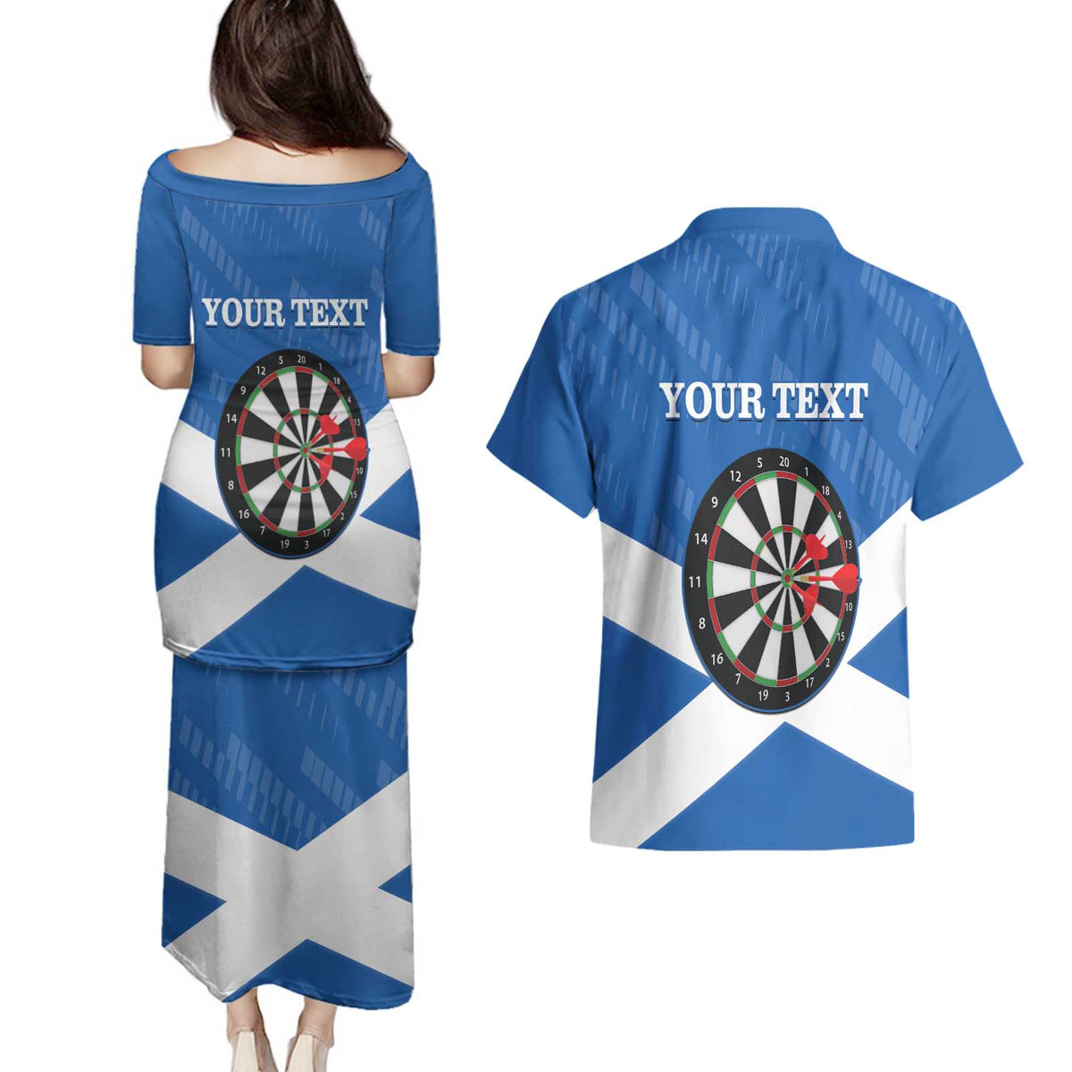 Personalised Scotland Darts Couples Matching Puletasi and Hawaiian Shirt Scottish Thistle - Flag Style - Wonder Print Shop