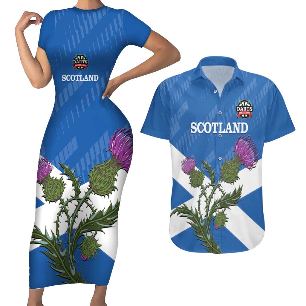 Personalised Scotland Darts Couples Matching Short Sleeve Bodycon Dress and Hawaiian Shirt Scottish Thistle - Flag Style - Wonder Print Shop