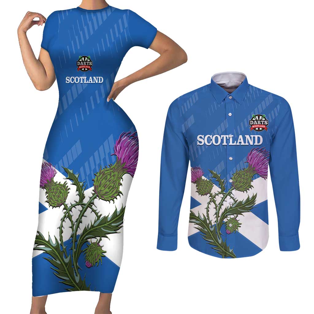 Personalised Scotland Darts Couples Matching Short Sleeve Bodycon Dress and Long Sleeve Button Shirt Scottish Thistle - Flag Style - Wonder Print Shop