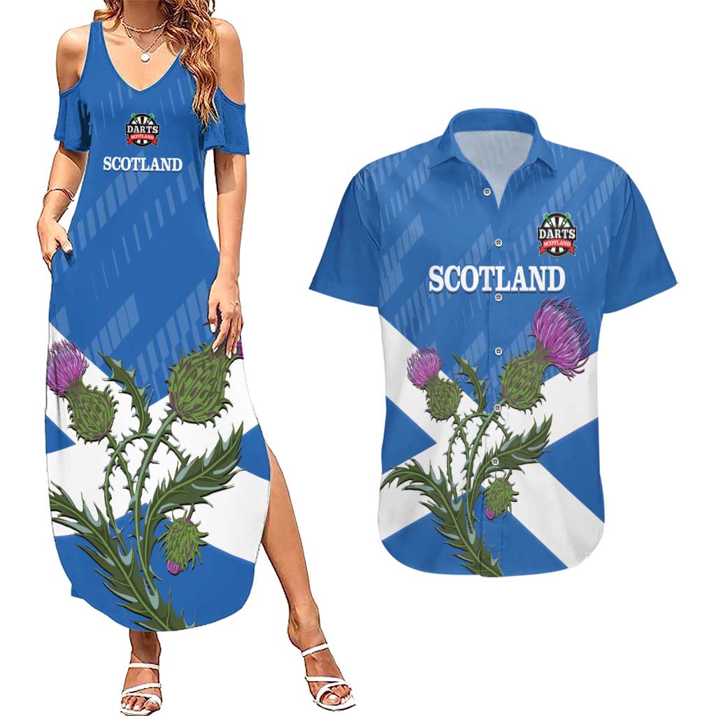 Personalised Scotland Darts Couples Matching Summer Maxi Dress and Hawaiian Shirt Scottish Thistle - Flag Style - Wonder Print Shop