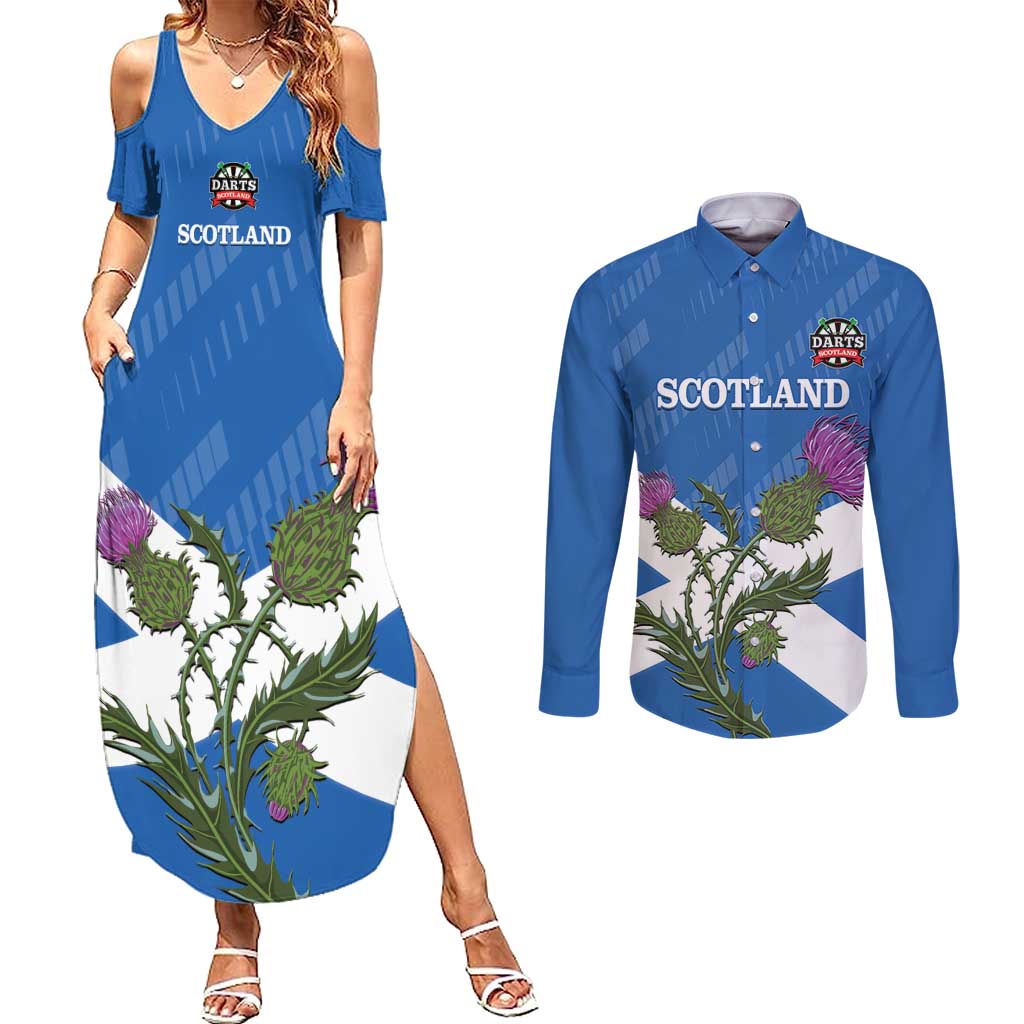 Personalised Scotland Darts Couples Matching Summer Maxi Dress and Long Sleeve Button Shirt Scottish Thistle - Flag Style - Wonder Print Shop