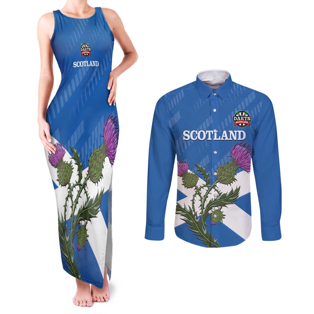 Personalised Scotland Darts Couples Matching Tank Maxi Dress and Long Sleeve Button Shirt Scottish Thistle - Flag Style - Wonder Print Shop