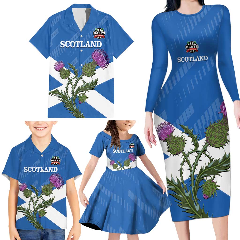 Personalised Scotland Darts Family Matching Long Sleeve Bodycon Dress and Hawaiian Shirt Scottish Thistle - Flag Style - Wonder Print Shop