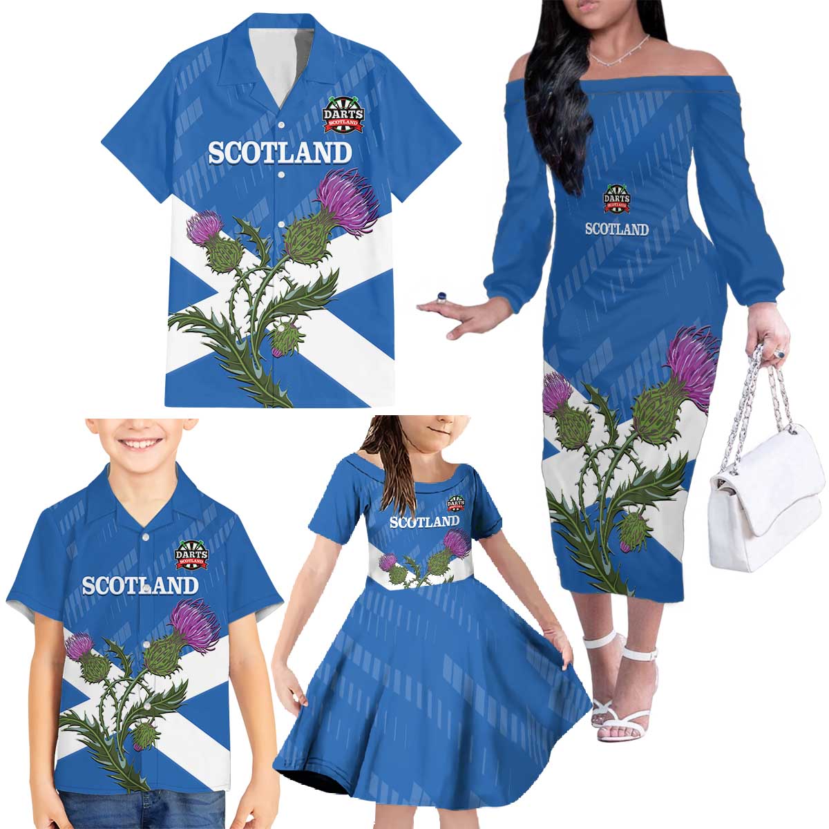 Personalised Scotland Darts Family Matching Off The Shoulder Long Sleeve Dress and Hawaiian Shirt Scottish Thistle - Flag Style - Wonder Print Shop