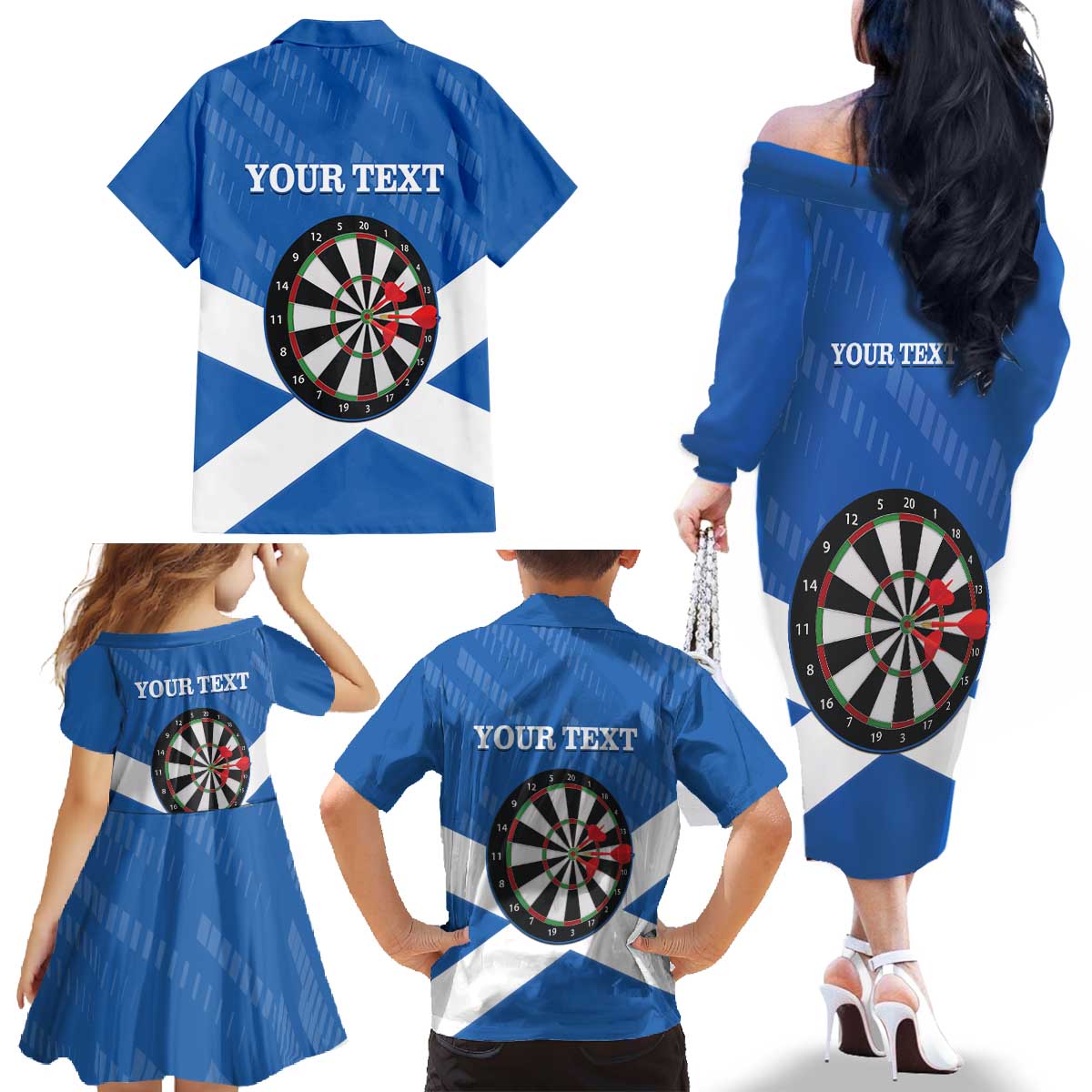 Personalised Scotland Darts Family Matching Off The Shoulder Long Sleeve Dress and Hawaiian Shirt Scottish Thistle - Flag Style - Wonder Print Shop