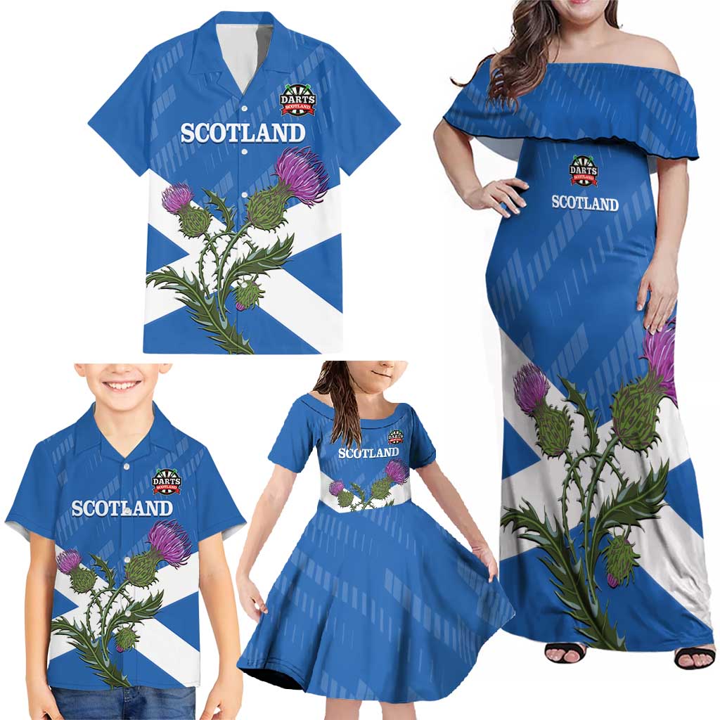 Personalised Scotland Darts Family Matching Off Shoulder Maxi Dress and Hawaiian Shirt Scottish Thistle - Flag Style - Wonder Print Shop