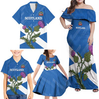 Personalised Scotland Darts Family Matching Off Shoulder Maxi Dress and Hawaiian Shirt Scottish Thistle - Flag Style - Wonder Print Shop