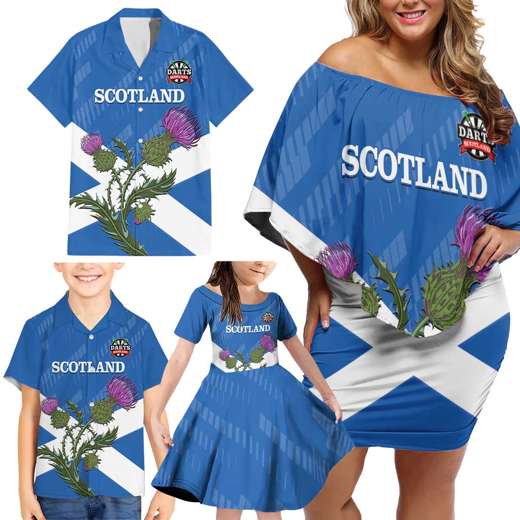 Personalised Scotland Darts Family Matching Off Shoulder Short Dress and Hawaiian Shirt Scottish Thistle - Flag Style - Wonder Print Shop