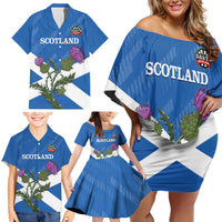 Personalised Scotland Darts Family Matching Off Shoulder Short Dress and Hawaiian Shirt Scottish Thistle - Flag Style - Wonder Print Shop