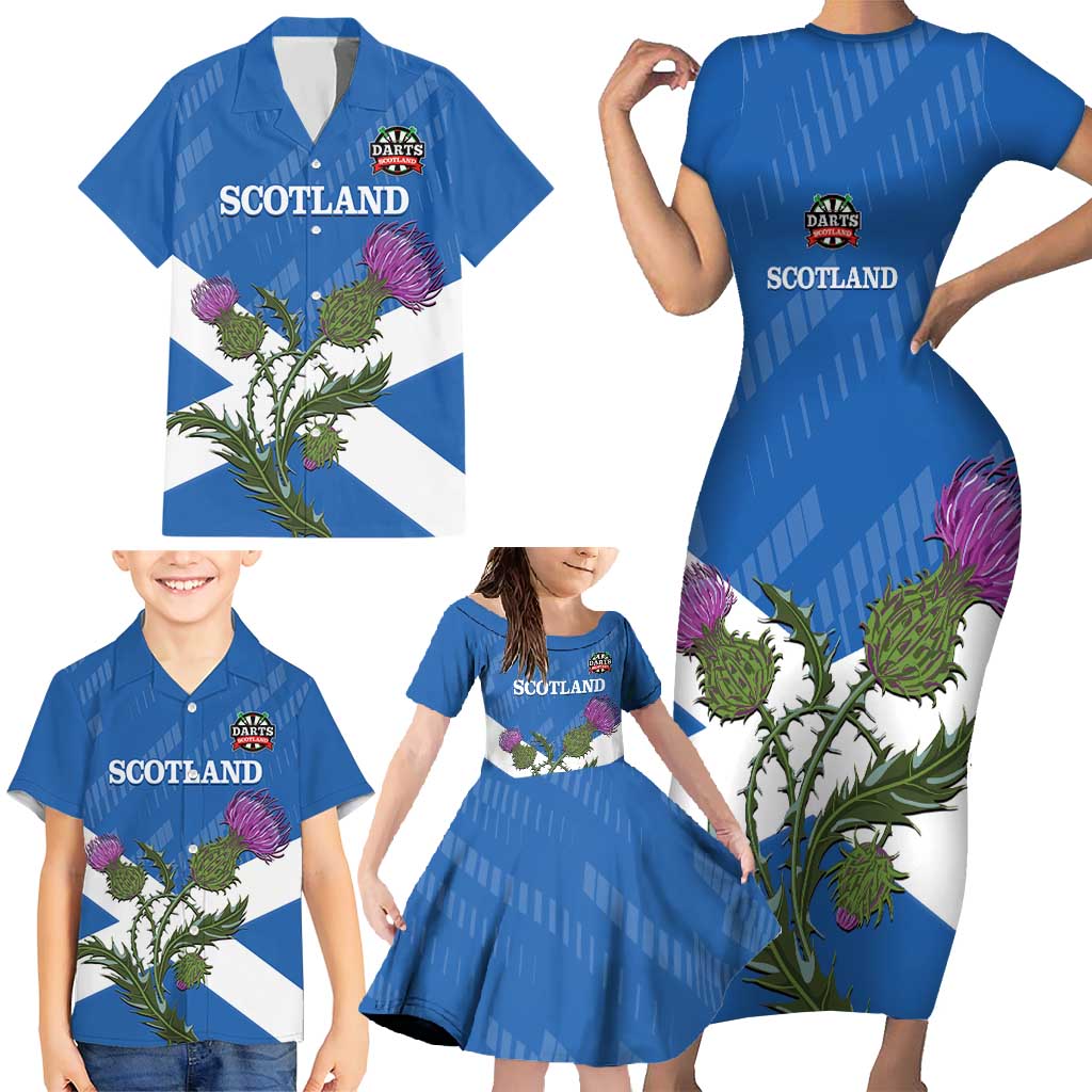 Personalised Scotland Darts Family Matching Short Sleeve Bodycon Dress and Hawaiian Shirt Scottish Thistle - Flag Style - Wonder Print Shop