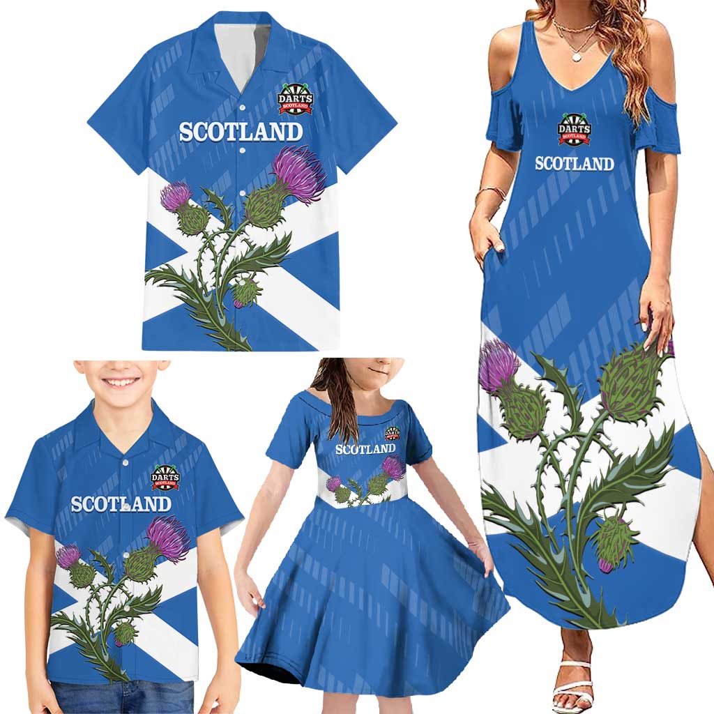 Personalised Scotland Darts Family Matching Summer Maxi Dress and Hawaiian Shirt Scottish Thistle - Flag Style - Wonder Print Shop
