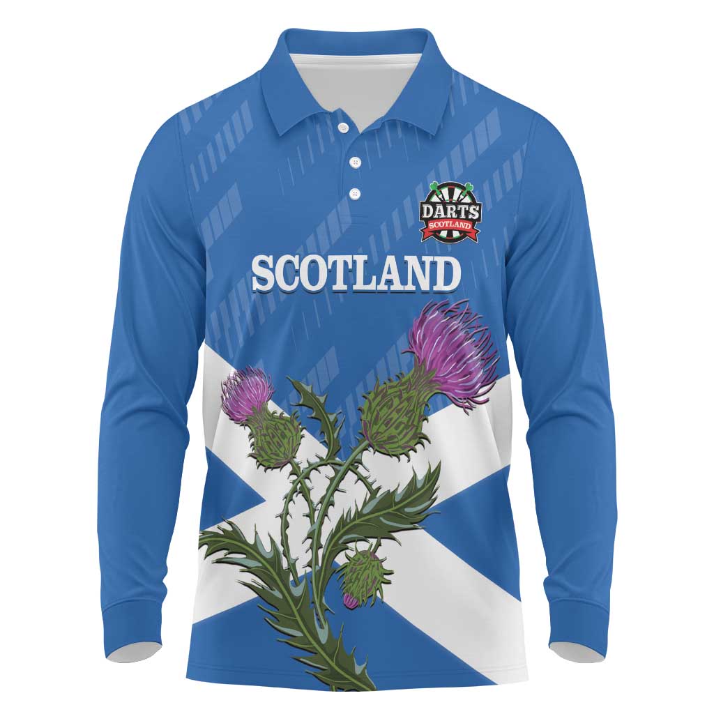 Personalised Scotland Darts Long Sleeve Polo Shirt Scottish Thistle - Flag Style - Wonder Print Shop