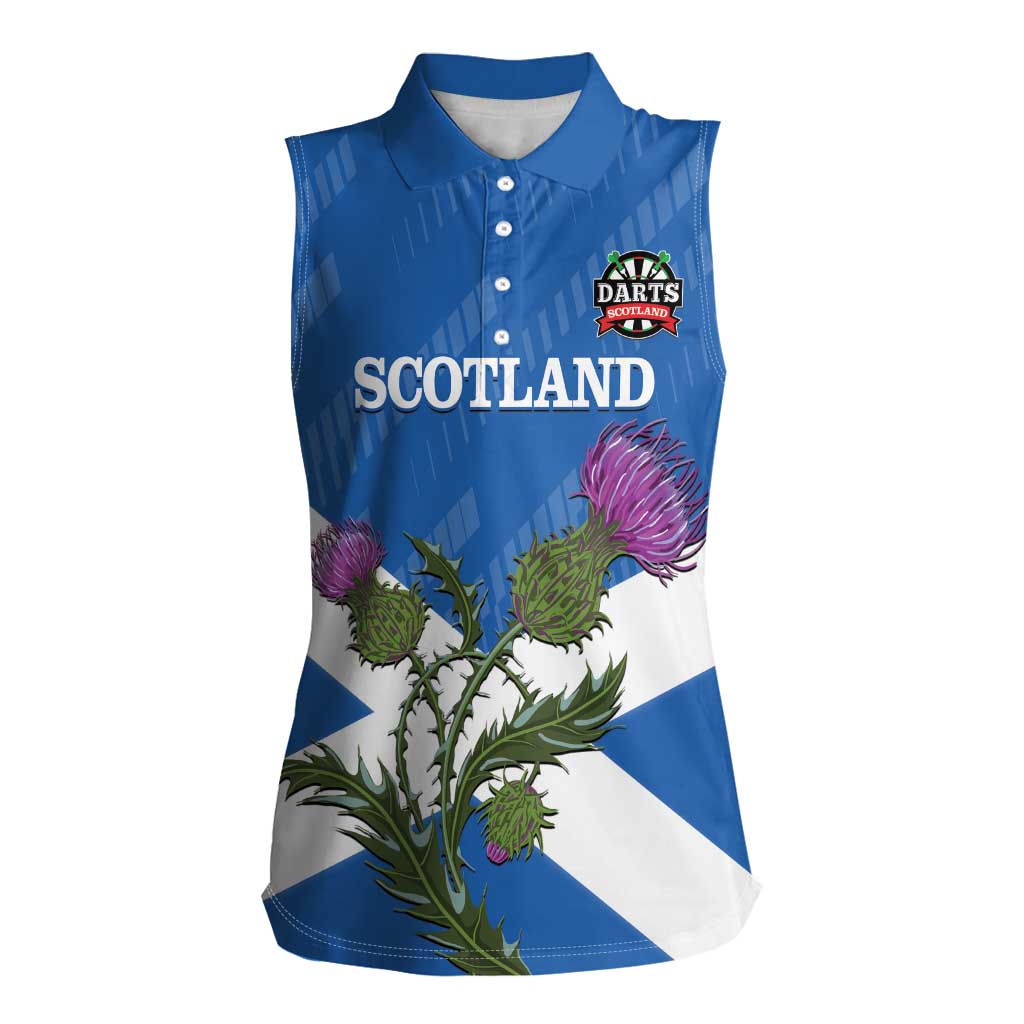 Personalised Scotland Darts Women Sleeveless Polo Shirt Scottish Thistle - Flag Style - Wonder Print Shop