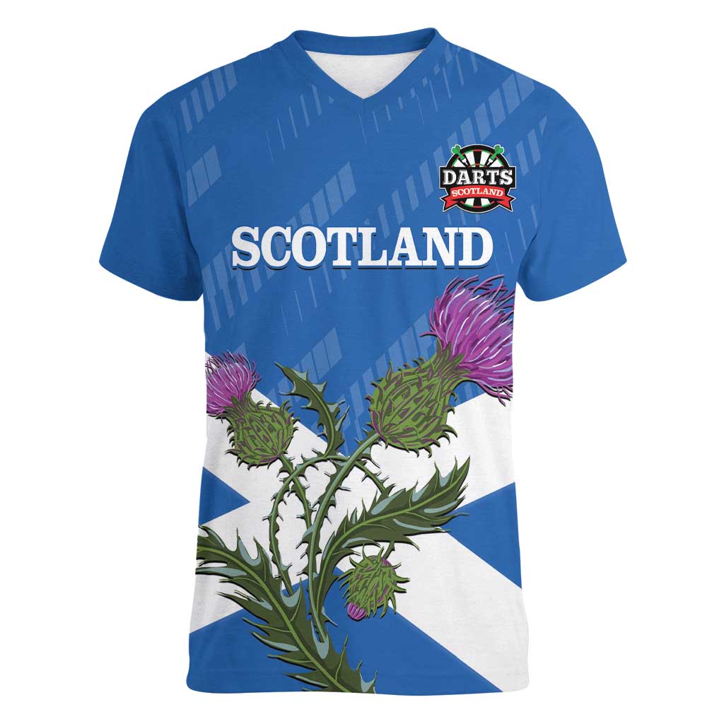 Personalised Scotland Darts Women V-Neck T-Shirt Scottish Thistle - Flag Style - Wonder Print Shop