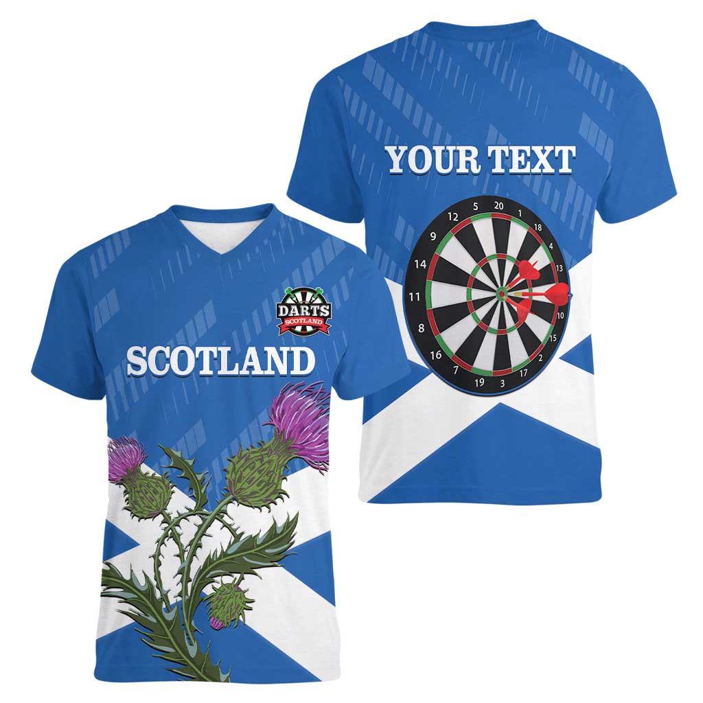 Personalised Scotland Darts Women V-Neck T-Shirt Scottish Thistle - Flag Style - Wonder Print Shop
