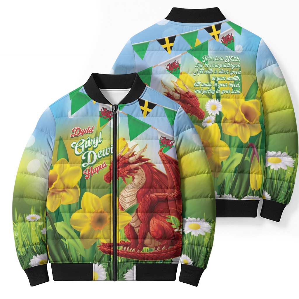 Wales Saint David's Day Bomber Puffer Jacket Dydd Gwyl Dewi Hapus Dragon Daffodil - Wonder Print Shop