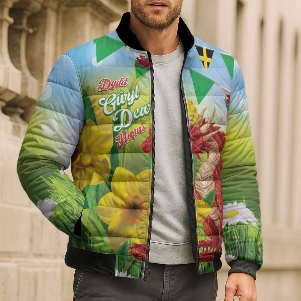 Wales Saint David's Day Bomber Puffer Jacket Dydd Gwyl Dewi Hapus Dragon Daffodil - Wonder Print Shop