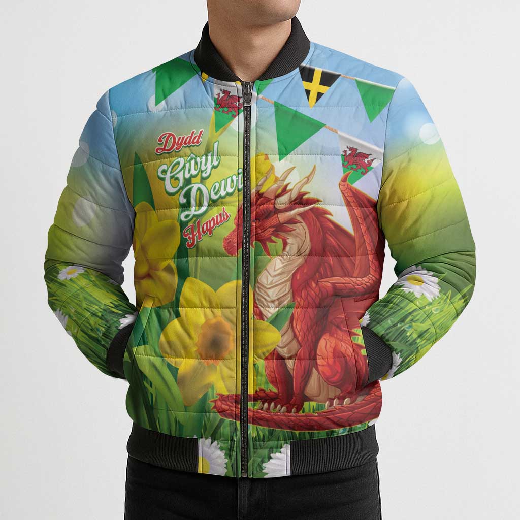 Wales Saint David's Day Bomber Puffer Jacket Dydd Gwyl Dewi Hapus Dragon Daffodil - Wonder Print Shop