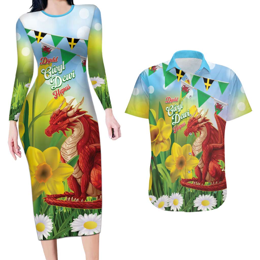 Wales Saint David's Day Couples Matching Long Sleeve Bodycon Dress and Hawaiian Shirt Dydd Gwyl Dewi Hapus Dragon Daffodil - Wonder Print Shop