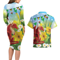 Wales Saint David's Day Couples Matching Long Sleeve Bodycon Dress and Hawaiian Shirt Dydd Gwyl Dewi Hapus Dragon Daffodil - Wonder Print Shop