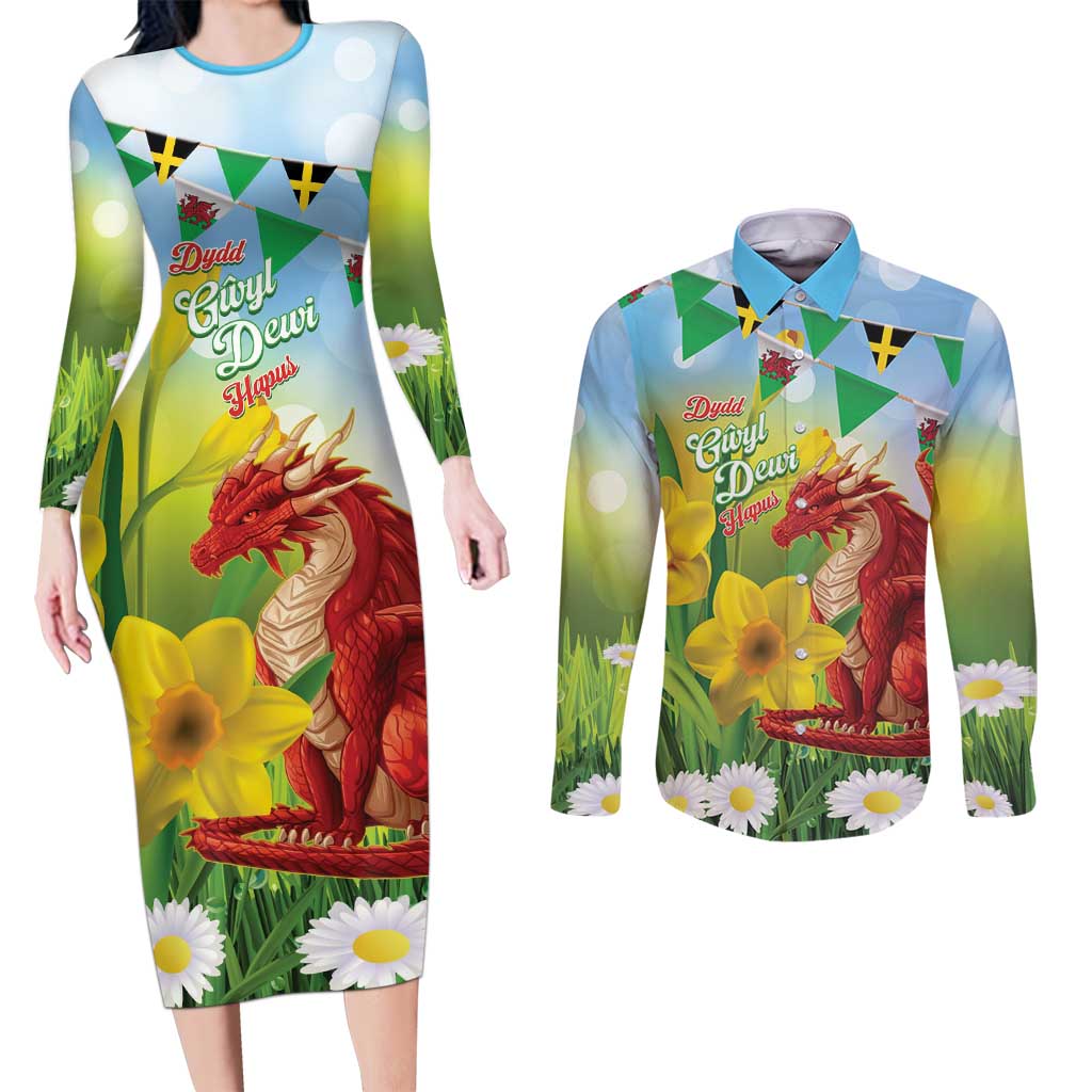 Wales Saint David's Day Couples Matching Long Sleeve Bodycon Dress and Long Sleeve Button Shirt Dydd Gwyl Dewi Hapus Dragon Daffodil - Wonder Print Shop