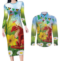 Wales Saint David's Day Couples Matching Long Sleeve Bodycon Dress and Long Sleeve Button Shirt Dydd Gwyl Dewi Hapus Dragon Daffodil - Wonder Print Shop