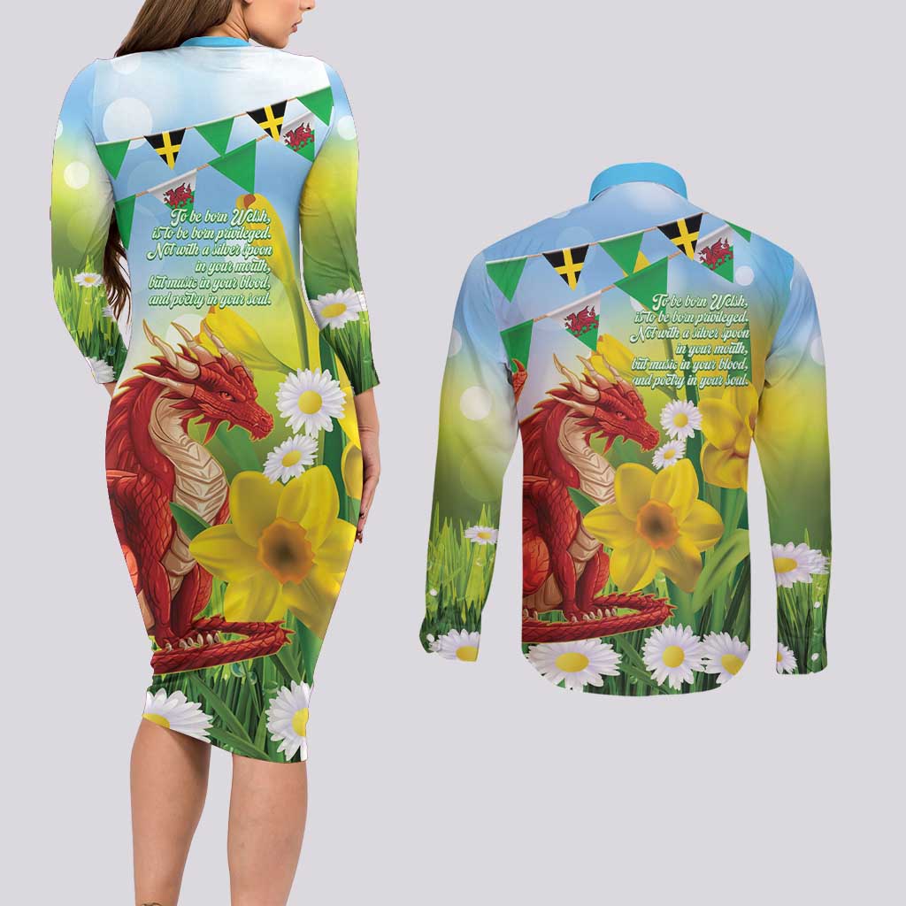 Wales Saint David's Day Couples Matching Long Sleeve Bodycon Dress and Long Sleeve Button Shirt Dydd Gwyl Dewi Hapus Dragon Daffodil - Wonder Print Shop