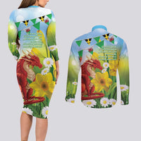 Wales Saint David's Day Couples Matching Long Sleeve Bodycon Dress and Long Sleeve Button Shirt Dydd Gwyl Dewi Hapus Dragon Daffodil - Wonder Print Shop