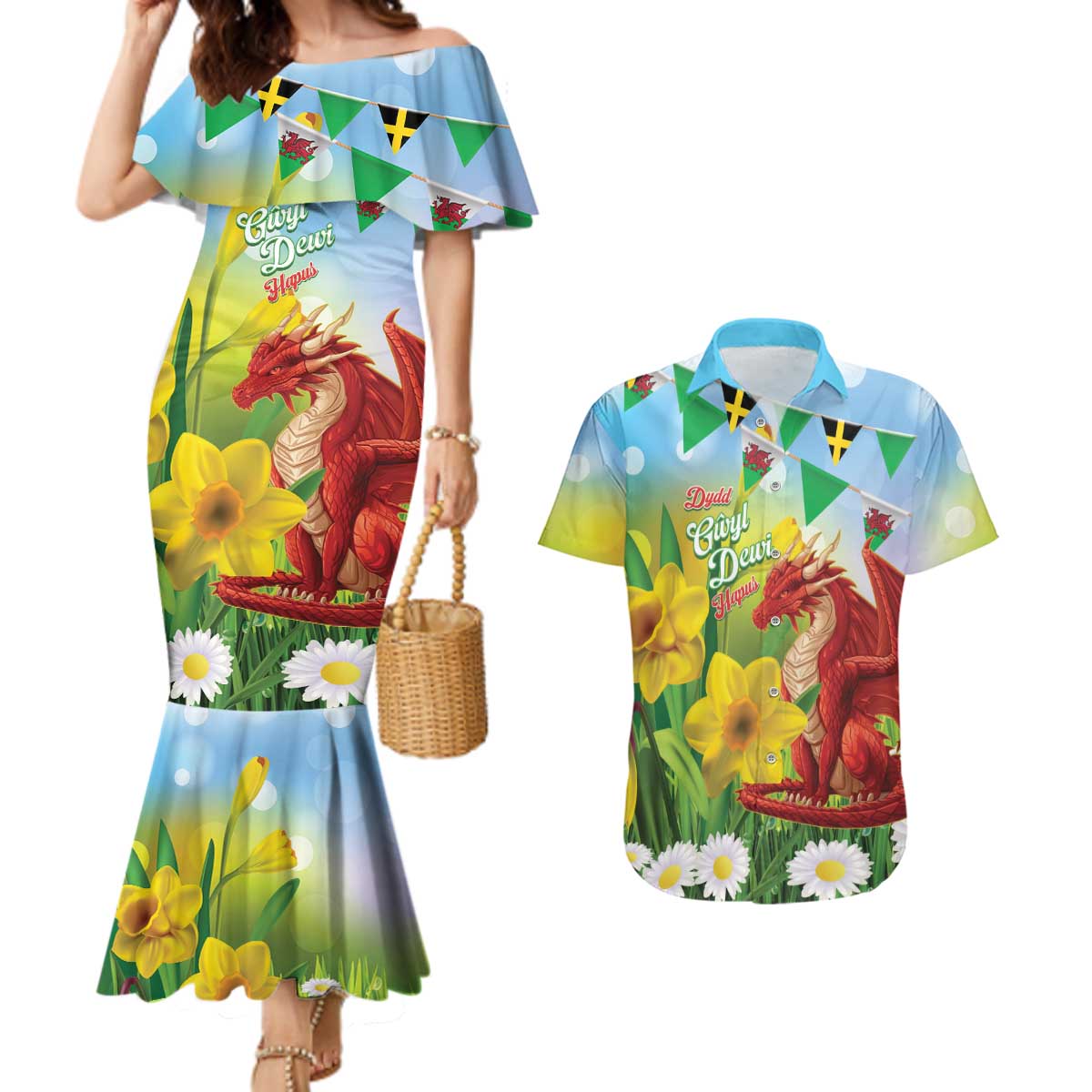 Wales Saint David's Day Couples Matching Mermaid Dress and Hawaiian Shirt Dydd Gwyl Dewi Hapus Dragon Daffodil - Wonder Print Shop
