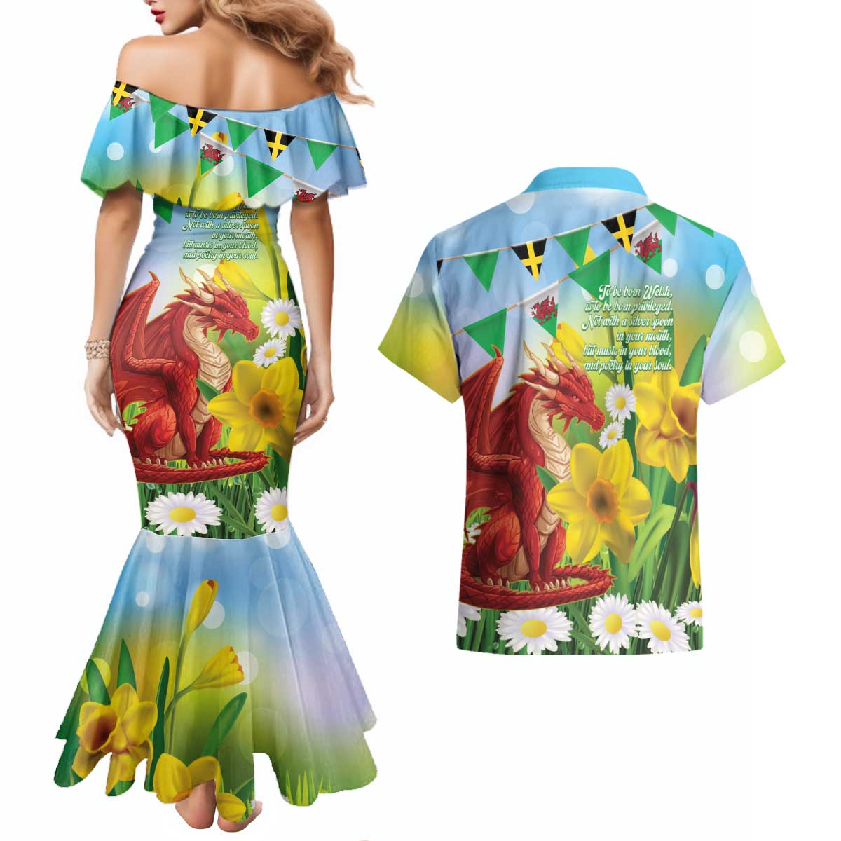 Wales Saint David's Day Couples Matching Mermaid Dress and Hawaiian Shirt Dydd Gwyl Dewi Hapus Dragon Daffodil - Wonder Print Shop