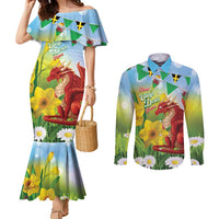 Wales Saint David's Day Couples Matching Mermaid Dress and Long Sleeve Button Shirt Dydd Gwyl Dewi Hapus Dragon Daffodil - Wonder Print Shop
