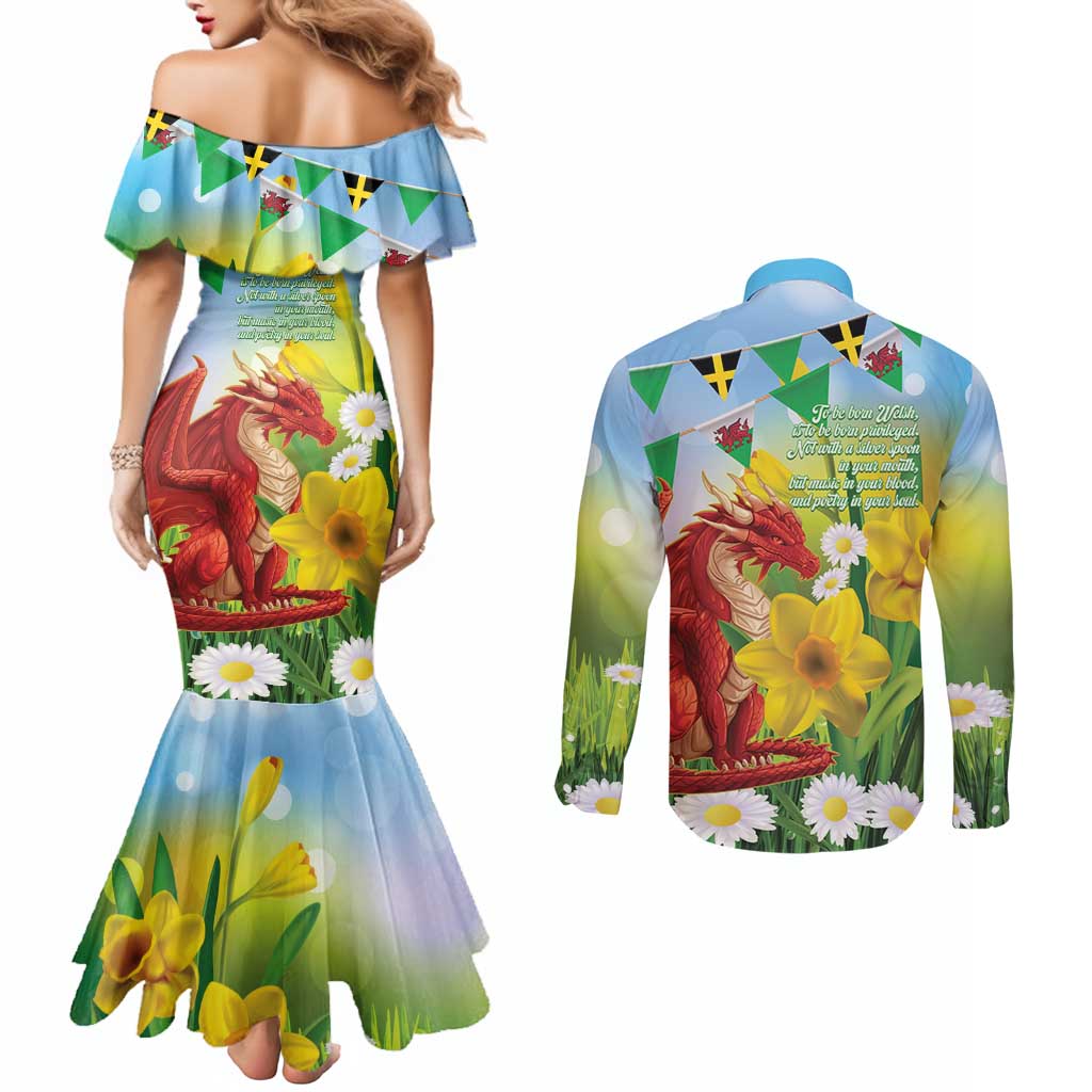 Wales Saint David's Day Couples Matching Mermaid Dress and Long Sleeve Button Shirt Dydd Gwyl Dewi Hapus Dragon Daffodil - Wonder Print Shop