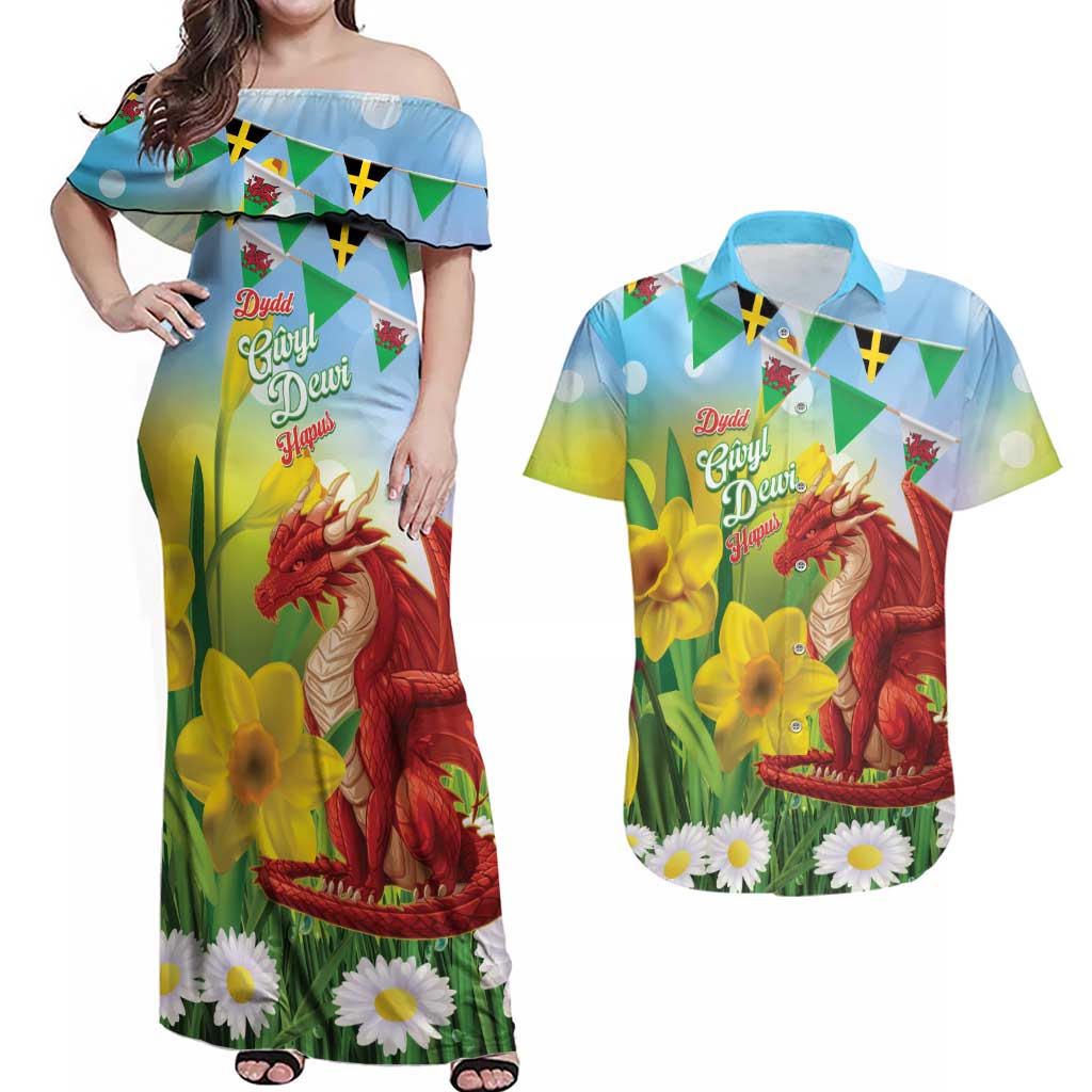 Wales Saint David's Day Couples Matching Off Shoulder Maxi Dress and Hawaiian Shirt Dydd Gwyl Dewi Hapus Dragon Daffodil - Wonder Print Shop