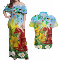 Wales Saint David's Day Couples Matching Off Shoulder Maxi Dress and Hawaiian Shirt Dydd Gwyl Dewi Hapus Dragon Daffodil - Wonder Print Shop