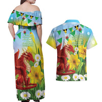 Wales Saint David's Day Couples Matching Off Shoulder Maxi Dress and Hawaiian Shirt Dydd Gwyl Dewi Hapus Dragon Daffodil - Wonder Print Shop