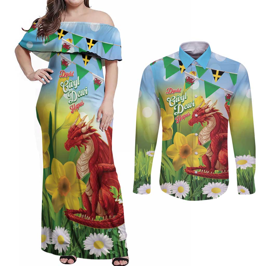 Wales Saint David's Day Couples Matching Off Shoulder Maxi Dress and Long Sleeve Button Shirt Dydd Gwyl Dewi Hapus Dragon Daffodil - Wonder Print Shop