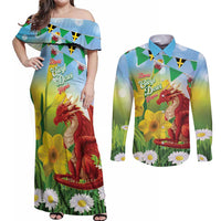 Wales Saint David's Day Couples Matching Off Shoulder Maxi Dress and Long Sleeve Button Shirt Dydd Gwyl Dewi Hapus Dragon Daffodil - Wonder Print Shop