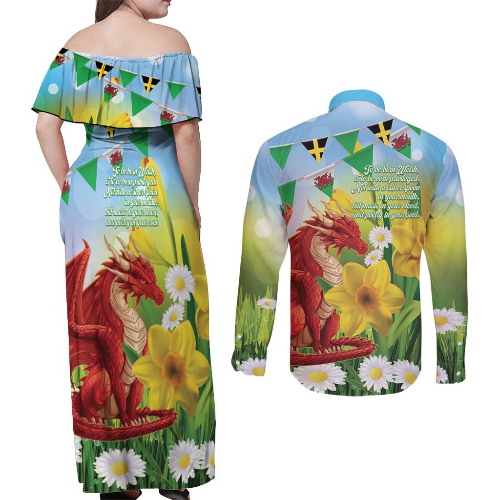 Wales Saint David's Day Couples Matching Off Shoulder Maxi Dress and Long Sleeve Button Shirt Dydd Gwyl Dewi Hapus Dragon Daffodil - Wonder Print Shop