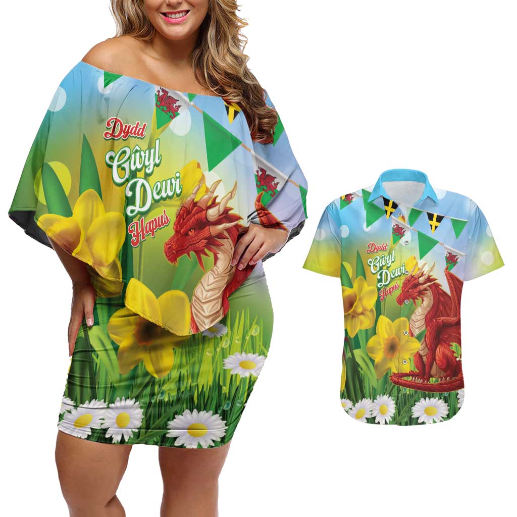 Wales Saint David's Day Couples Matching Off Shoulder Short Dress and Hawaiian Shirt Dydd Gwyl Dewi Hapus Dragon Daffodil - Wonder Print Shop