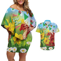 Wales Saint David's Day Couples Matching Off Shoulder Short Dress and Hawaiian Shirt Dydd Gwyl Dewi Hapus Dragon Daffodil - Wonder Print Shop