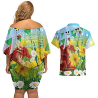 Wales Saint David's Day Couples Matching Off Shoulder Short Dress and Hawaiian Shirt Dydd Gwyl Dewi Hapus Dragon Daffodil - Wonder Print Shop