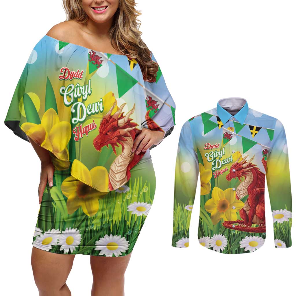 Wales Saint David's Day Couples Matching Off Shoulder Short Dress and Long Sleeve Button Shirt Dydd Gwyl Dewi Hapus Dragon Daffodil - Wonder Print Shop
