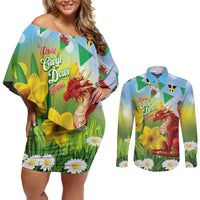 Wales Saint David's Day Couples Matching Off Shoulder Short Dress and Long Sleeve Button Shirt Dydd Gwyl Dewi Hapus Dragon Daffodil - Wonder Print Shop