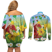 Wales Saint David's Day Couples Matching Off Shoulder Short Dress and Long Sleeve Button Shirt Dydd Gwyl Dewi Hapus Dragon Daffodil - Wonder Print Shop