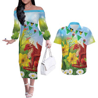 Wales Saint David's Day Couples Matching Off The Shoulder Long Sleeve Dress and Hawaiian Shirt Dydd Gwyl Dewi Hapus Dragon Daffodil - Wonder Print Shop