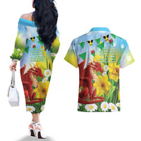 Wales Saint David's Day Couples Matching Off The Shoulder Long Sleeve Dress and Hawaiian Shirt Dydd Gwyl Dewi Hapus Dragon Daffodil - Wonder Print Shop